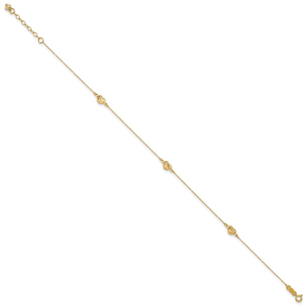14k Polished Diamond-cut Triple Puffed Hearts 9 inch Anklet Plus 1 inch Heart Dangle Extender (ANK219Y-10)