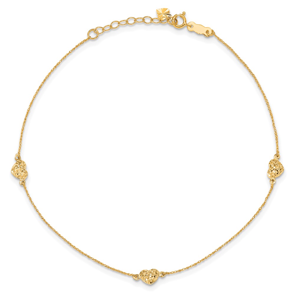 14k Polished Diamond-cut Triple Puffed Hearts 9 inch Anklet Plus 1 inch Heart Dangle Extender (ANK219Y-10)