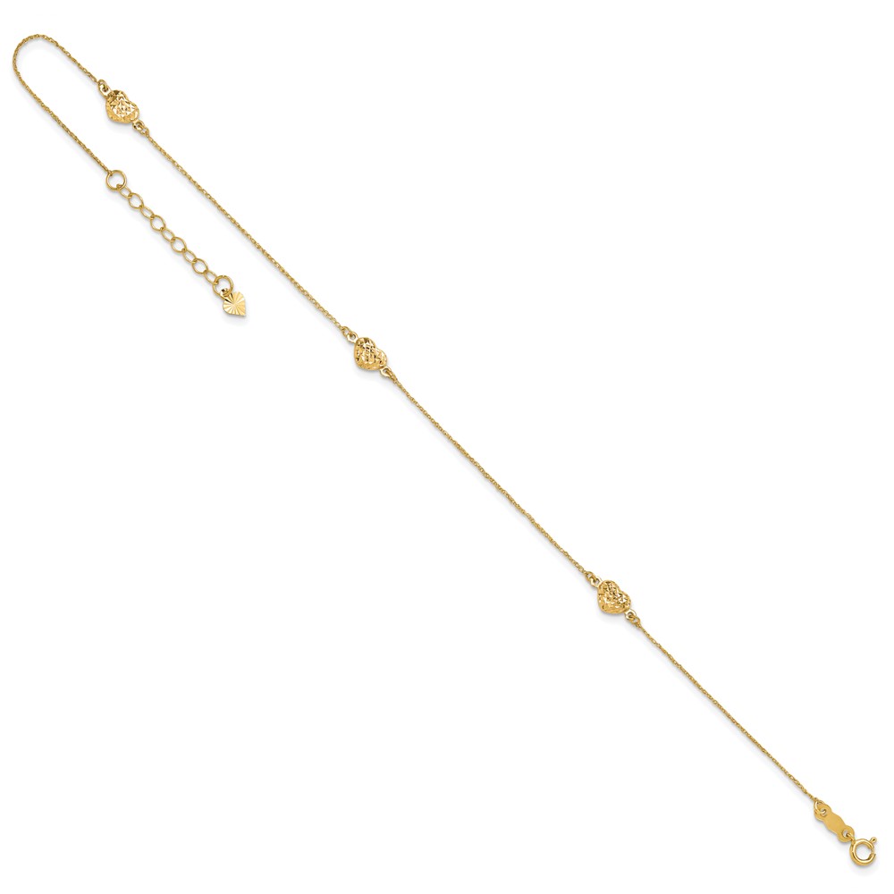14k Polished Diamond-cut Triple Puffed Hearts 9 inch Anklet Plus 1 inch Heart Dangle Extender (ANK219Y-10)