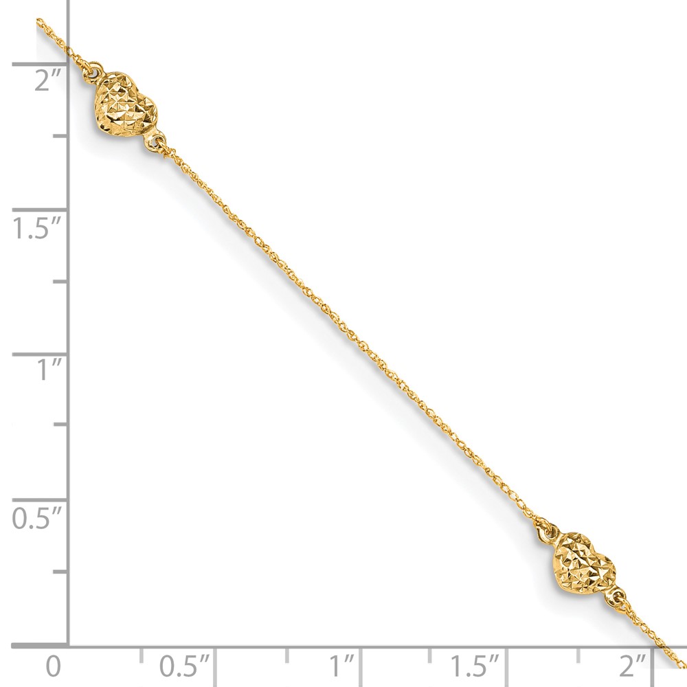 14k Polished Diamond-cut Triple Puffed Hearts 9 inch Anklet Plus 1 inch Heart Dangle Extender (ANK219Y-10)