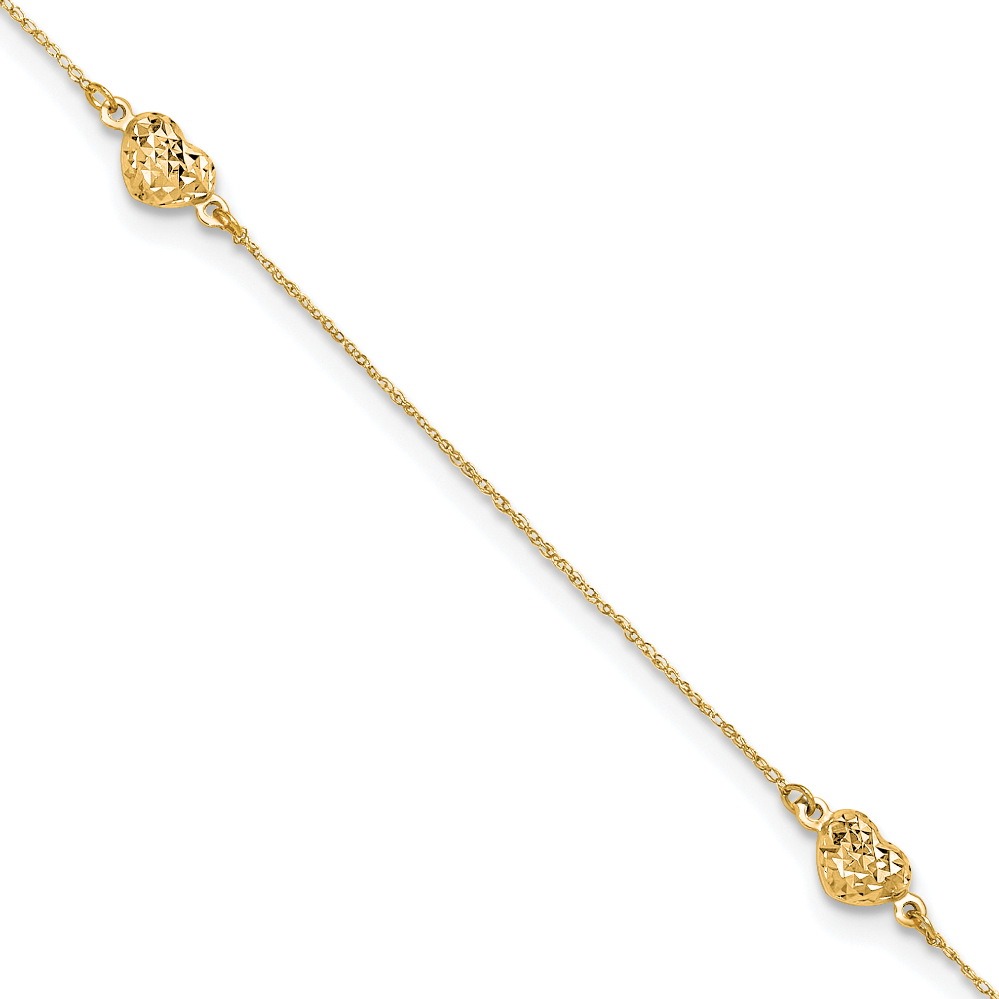 14k Polished Diamond-cut Triple Puffed Hearts 9 inch Anklet Plus 1 inch Heart Dangle Extender (ANK219Y-10)