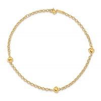 14K Yellow Gold Polished Puffed Heart 3-Station Anklet - 10in view 5