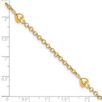 14K Yellow Gold Polished Puffed Heart 3-Station Anklet - 10in view 4