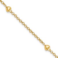 14K Yellow Gold Polished Puffed Heart 3-Station Anklet - 10in view 1