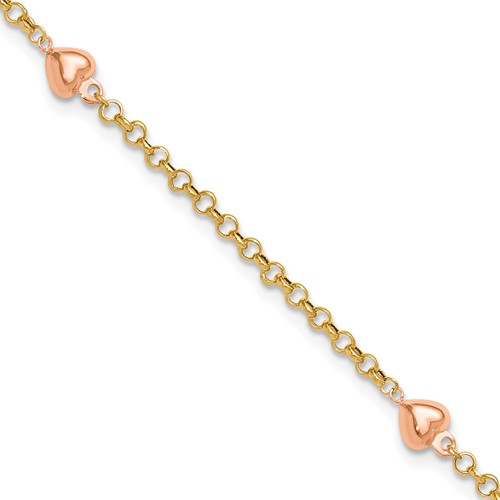 14k Two-tone Puff Heart 10in Anklet
