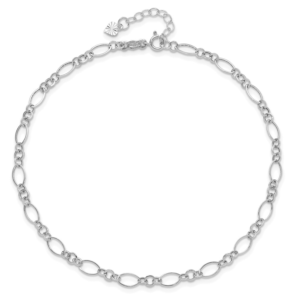 14k White Gold Fancy Figaro Link 9 inch Anklet Plus 1 inch Heart Dangle Extender (ANK221W-10)