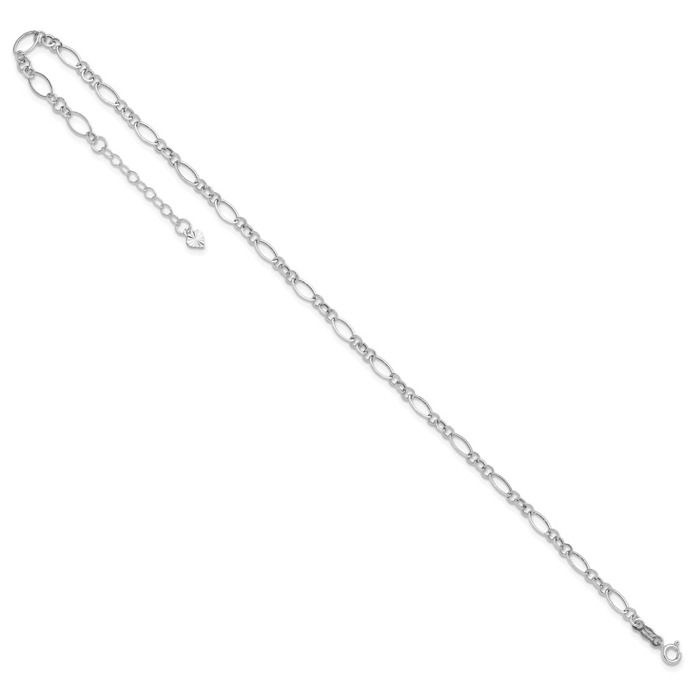 14k White Gold Fancy Figaro Link 9 inch Anklet Plus 1 inch Heart Dangle Extender (ANK221W-10)