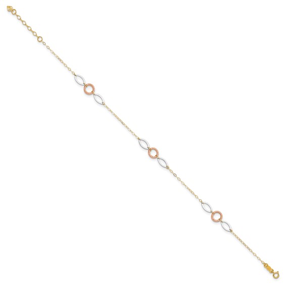 14k Tri-color Circle and Oval 3-Station 9 inch Plus 1 inch Extender - Total 10 inch Anklet