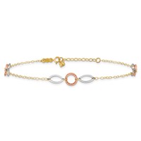 14K Tri-color Circle and Oval 3-Station Plus 1 Inch Extender - Total 10 Inch Anklet, 9" view 3