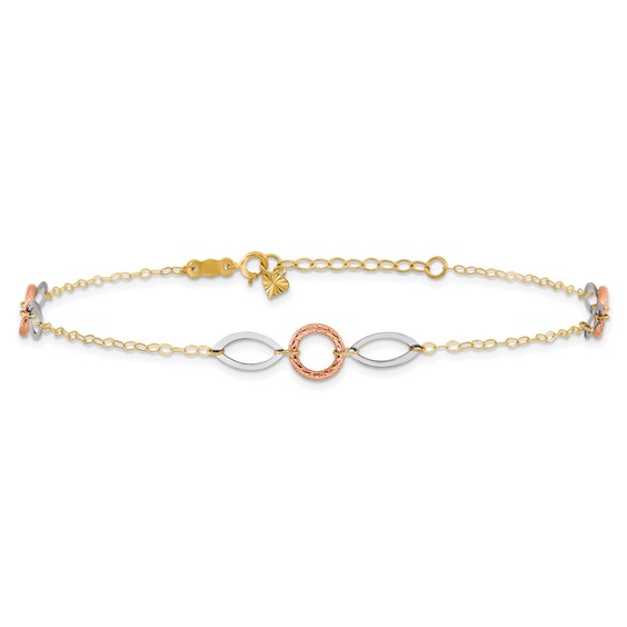 14k Tri-color Circle and Oval 3-Station 9 inch Plus 1 inch Extender - Total 10 inch Anklet