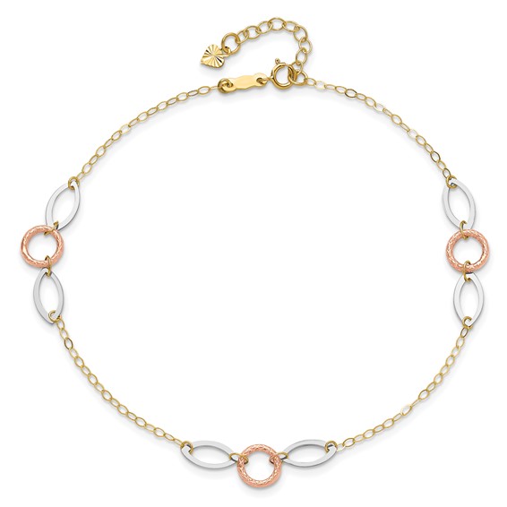 14k Tri-color Circle and Oval 3-Station 9 inch Plus 1 inch Extender - Total 10 inch Anklet