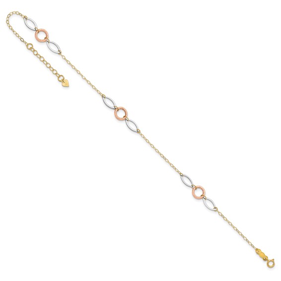 14k Tri-color Circle and Oval 3-Station 9 inch Plus 1 inch Extender - Total 10 inch Anklet