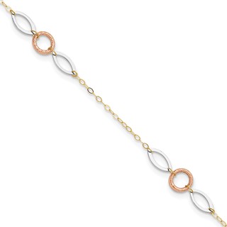 14k Tri-color Circle and Oval 3-Station 9 inch Plus 1 inch Extender - Total 10 inch Anklet