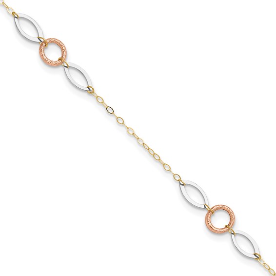 14k Tri-color Circle and Oval 3-Station 9 inch Plus 1 inch Extender - Total 10 inch Anklet