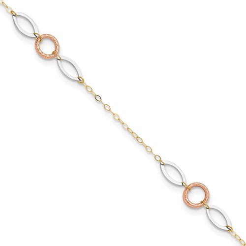 14k Tri-color Circle and Oval 9in Plus 1in ext. Anklet