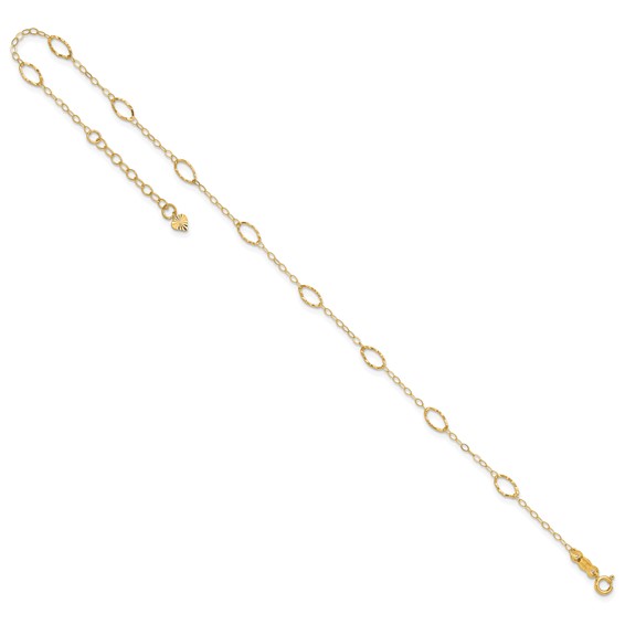 14k Textured Oval Shapes 9 inch Plus 1 inch Extender - Total 10 inch Anklet