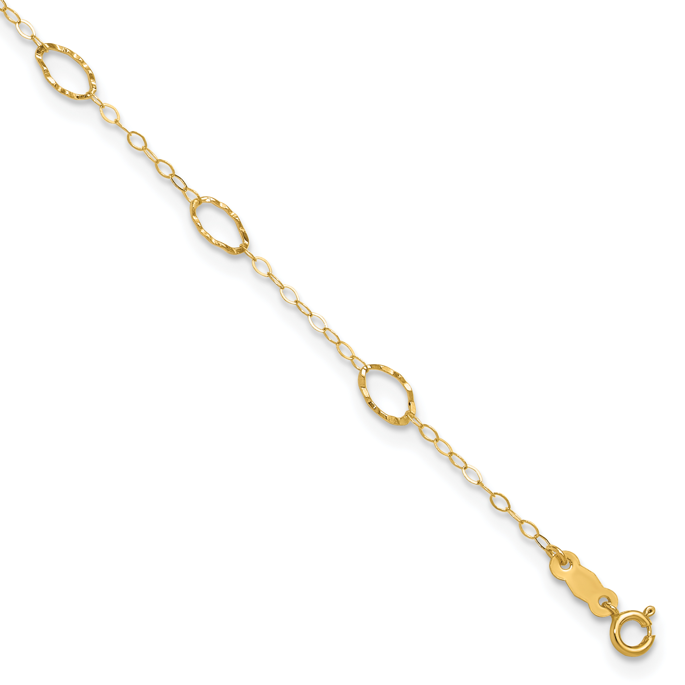 14k Textured Oval Shapes 10 inch Anklet Plus 1 inch Heart Dangle Extender (ANK223-11)