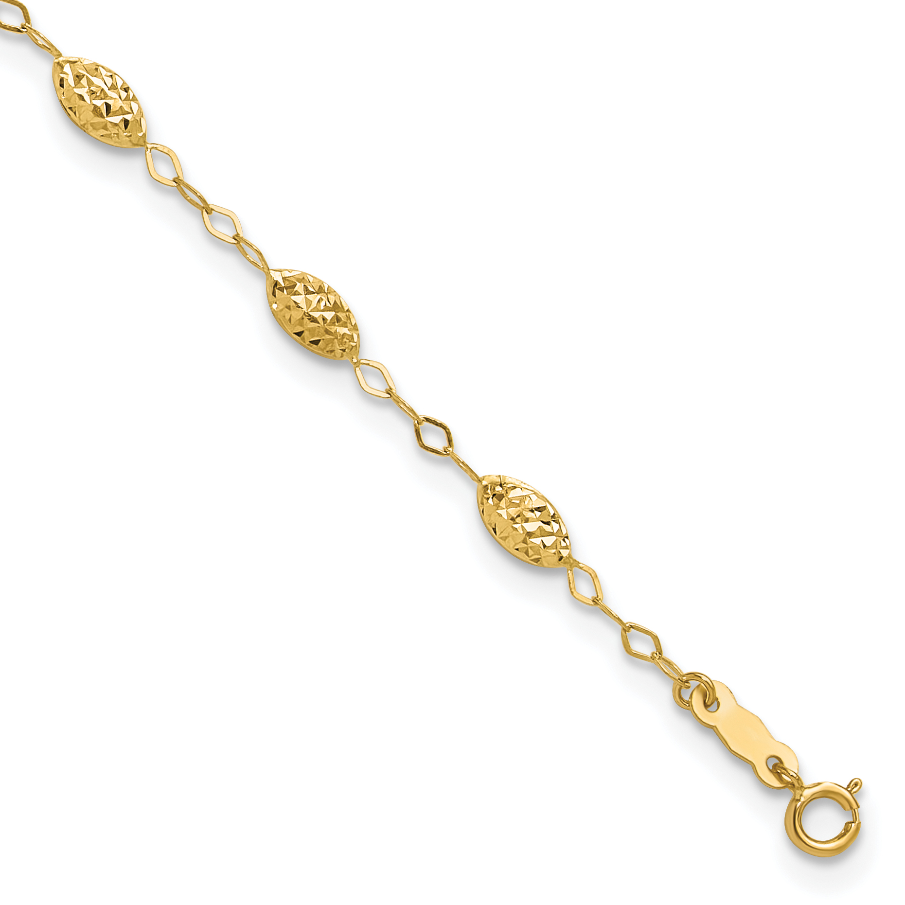 14k Textured Rice Puff Beads 9 inch Anklet Plus 1 inch Heart Dangle Extender (ANK224-10)