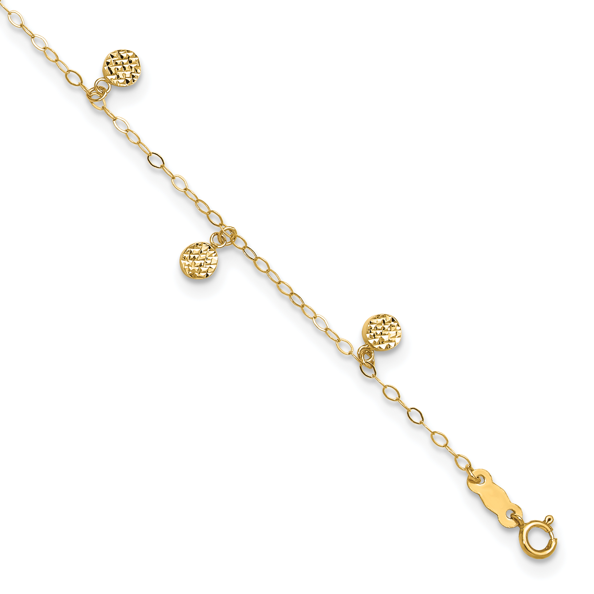 14k Textured and Polished Hollow Dangle Circles 9 inch Anklet Plus 1 inch Heart Dangle Extender (ANK225-10)
