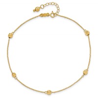 14K Yellow Gold Diamond-cut Beads 5-Station Plus 1 Inch Bead Dangle Extender - Total 10 Inch Anklet, 9" view 5
