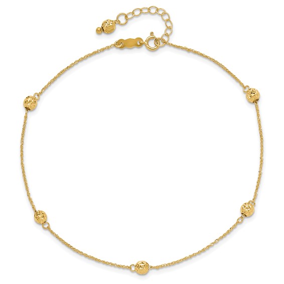 14k Diamond-cut Beads 5-Station 9 inch Plus 1 inch Bead Dangle Extender - Total 10 inch Anklet