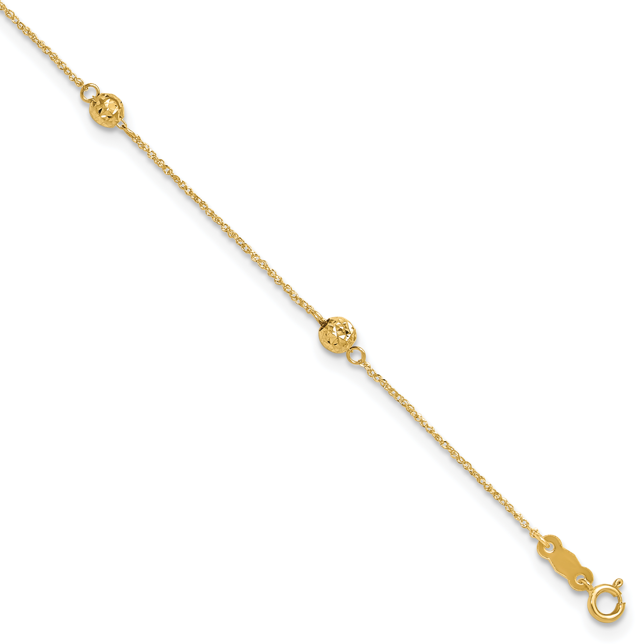 14k Diamond-cut Beads 5-Station 9 inch Anklet Plus 1 inch Bead Dangle Extender (ANK227-10)