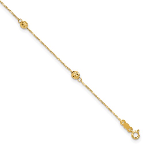 14K Yellow Gold Diamond-cut Beads 5-Station Plus 1 Inch Bead Dangle Extender - Total 10 Inch Anklet, 9"