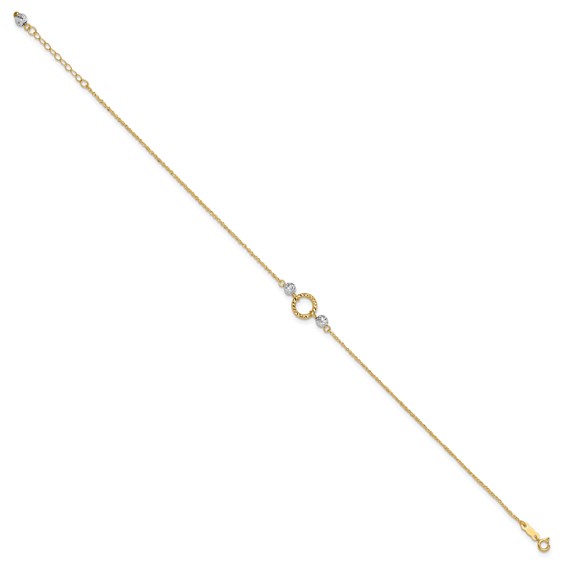 14k Two-tone Circle and Diamond-cut Beads 9 inch Plus 1 inch Bead Dangle Extender - Total 10 inch Anklet
