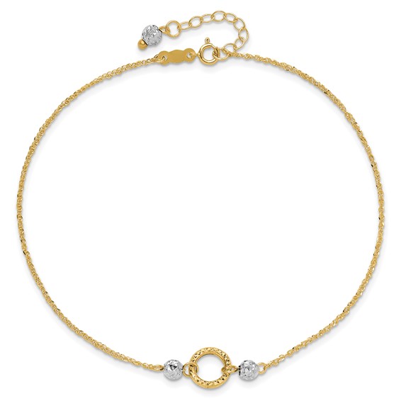 14k Two-tone Circle and Diamond-cut Beads 9 inch Plus 1 inch Bead Dangle Extender - Total 10 inch Anklet