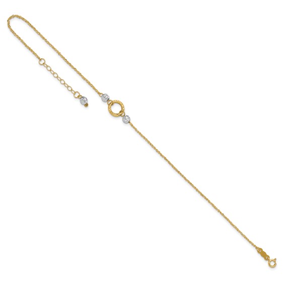 14k Two-tone Circle and Diamond-cut Beads 9 inch Plus 1 inch Bead Dangle Extender - Total 10 inch Anklet