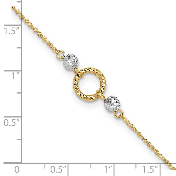 14k Two-tone Circle and Diamond-cut Beads 9 inch Plus 1 inch Bead Dangle Extender - Total 10 inch Anklet