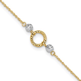14k Two-tone Circle and Diamond-cut Beads 9 inch Plus 1 inch Bead Dangle Extender - Total 10 inch Anklet