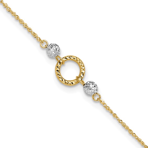 14k Two-tone Circle and Diamond-cut Beads 9 inch Plus 1 inch Bead Dangle Extender - Total 10 inch Anklet