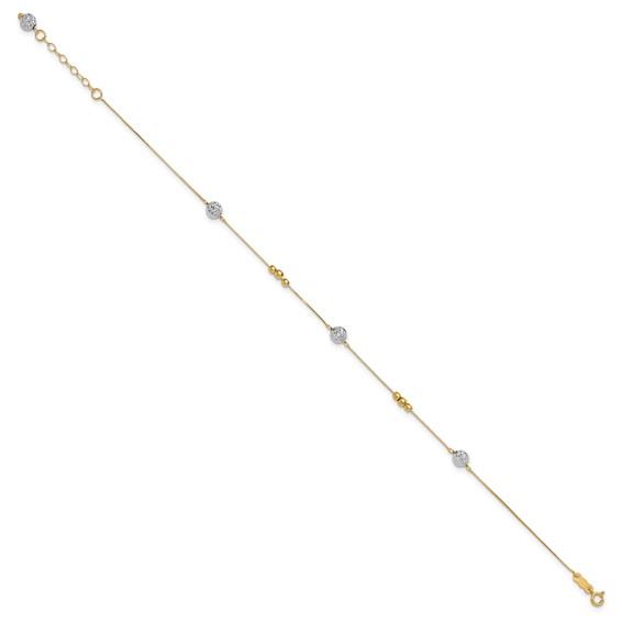 14k Two-tone Textured and Mirror Beads 5-Station 9 inch Plus 1 inch Bead Dangle Extender - Total 10 inch Anklet