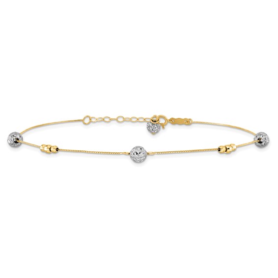 14k Two-tone Textured and Mirror Beads 5-Station 9 inch Plus 1 inch Bead Dangle Extender - Total 10 inch Anklet