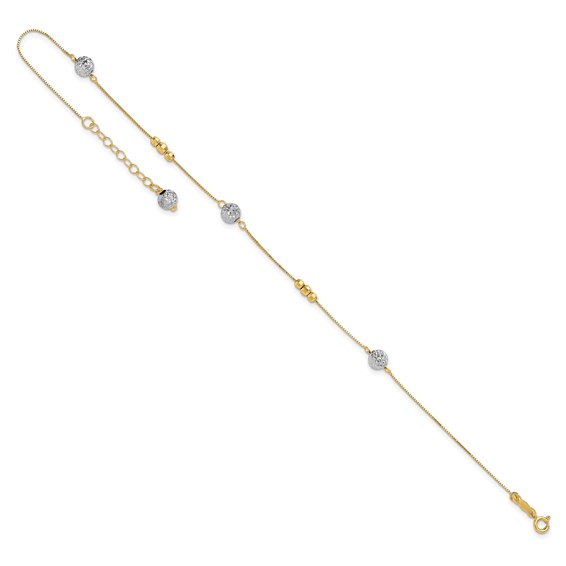 14k Two-tone Textured and Mirror Beads 5-Station 9 inch Plus 1 inch Bead Dangle Extender - Total 10 inch Anklet