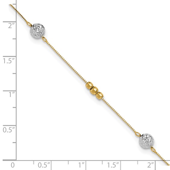 14k Two-tone Textured and Mirror Beads 5-Station 9 inch Plus 1 inch Bead Dangle Extender - Total 10 inch Anklet