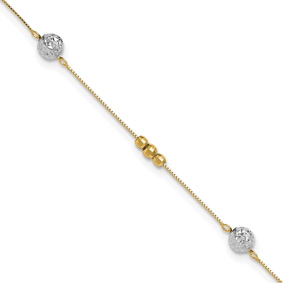 14k Two-tone Textured and Mirror Beads 5-Station 9 inch Plus 1 inch Bead Dangle Extender - Total 10 inch Anklet