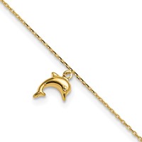 14K Yellow Gold Dolphin Charm Dangle Plus 1 Inch Extender - Total 10 Inch Anklet, 9" view 1