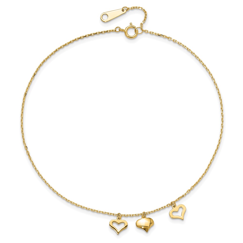 14k 3 Heart Dangles 10 inch Anklet Plus 1 inch Extender (ANK233-11)