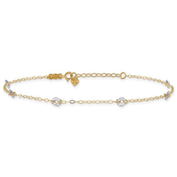 14K Two-tone Chain and Wavy Circles 6-Station 9 inch Plus 1 inch Extender - Total 10 inch Anklet