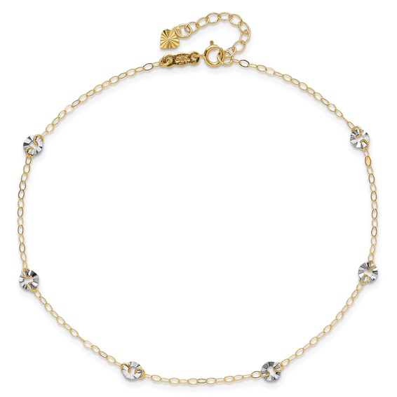 14K Two-tone Chain and Wavy Circles 6-Station 9 inch Plus 1 inch Extender - Total 10 inch Anklet