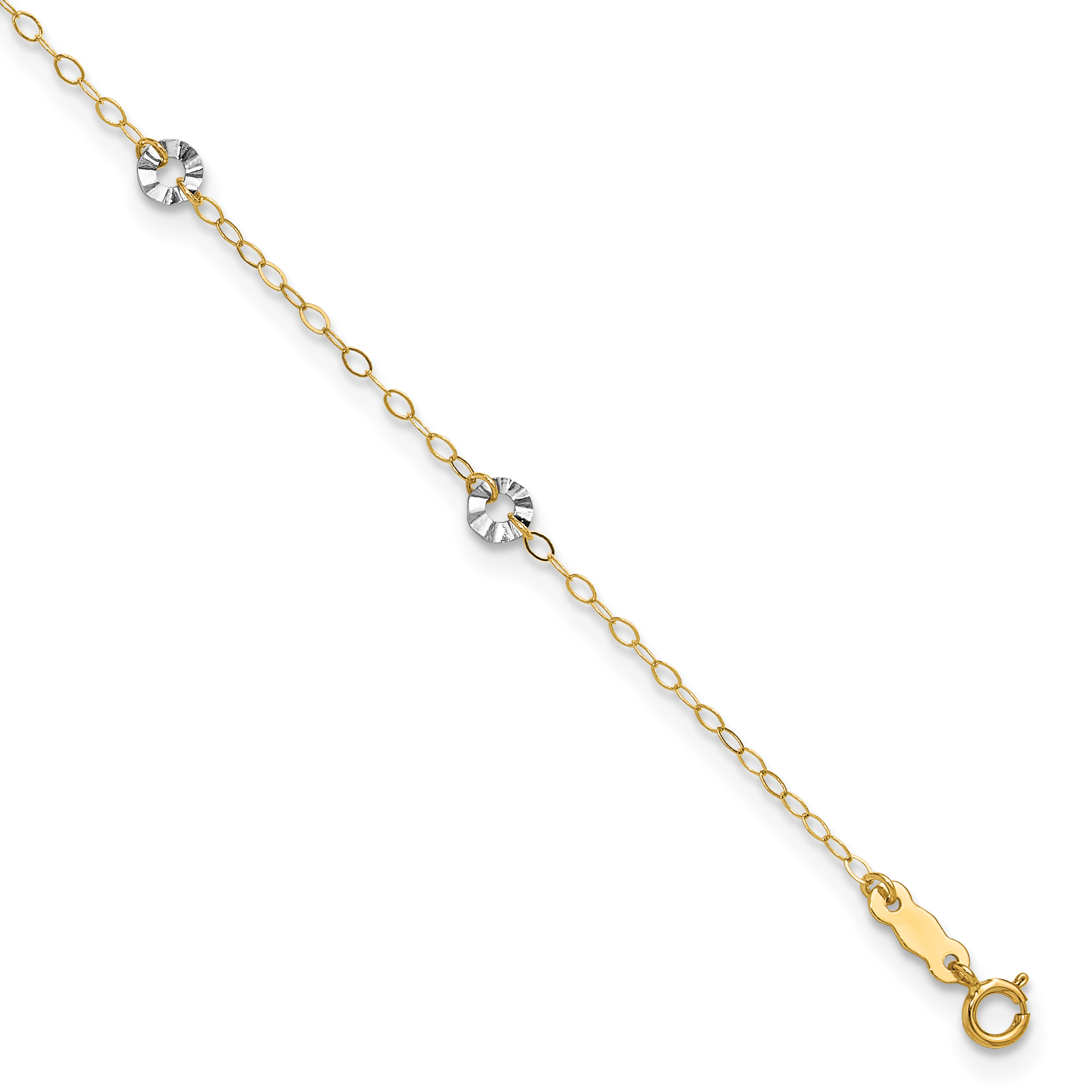 14K Two-tone Oval Cable Chain and Wavy Circles 6-Station 9 inch Anklet Plus 1 inch Heart Dangle Extender (ANK238-9)