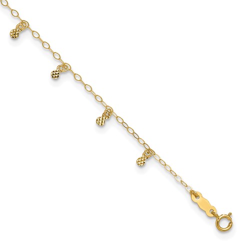14K Yellow Gold Cable Chain Anklet with Diamond Cut Dots Plus 1 Inch Extender - Total 10 Inch, 9"