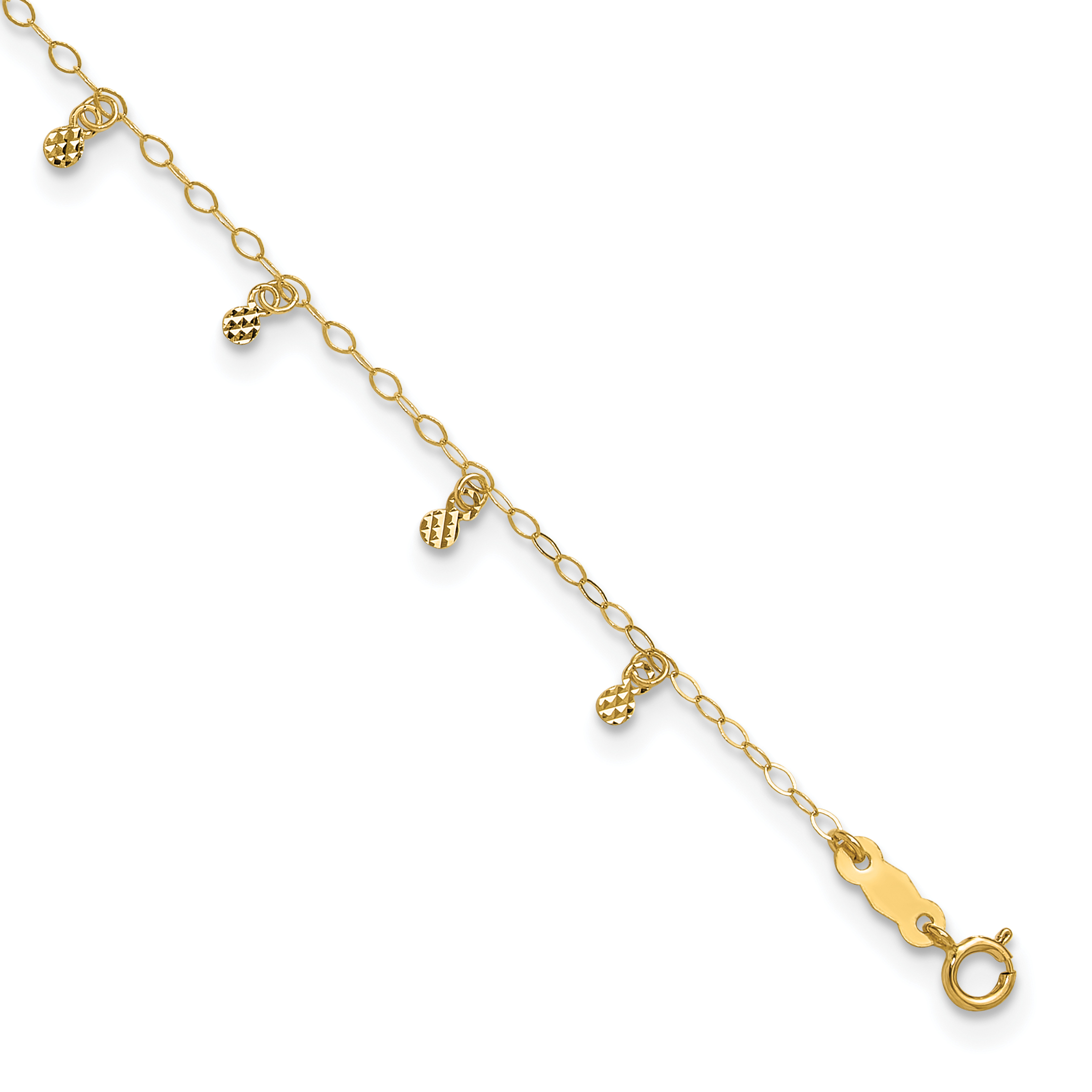 14K Oval Cable Chain with Diamond Cut Dots 10 inch Anklet Plus 1 inch Heart Dangle Extender (ANK239-10)