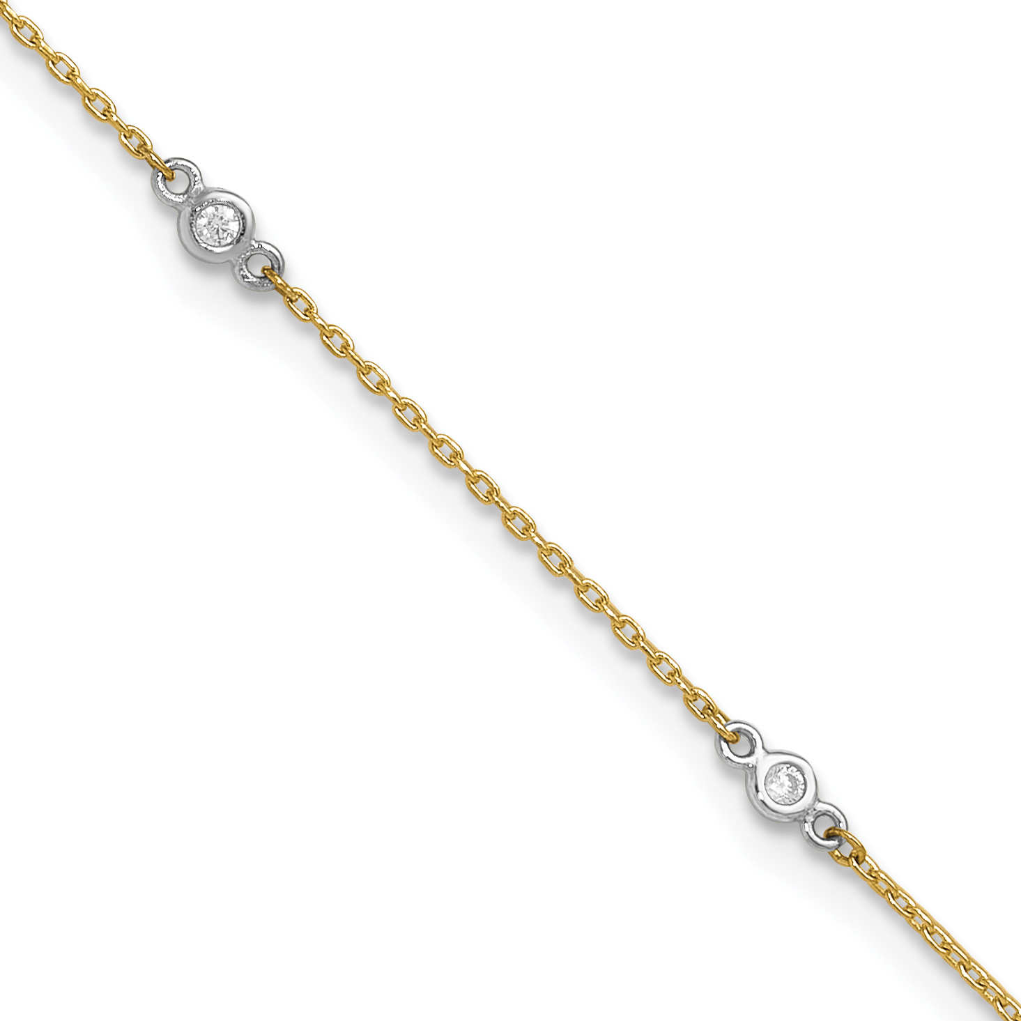 14k Two-tone Bezel-set CZ 6-Station 9 inch Anklet Plus 1 inch Extender (ANK240-9)