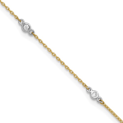 14K Two-tone Bezel-set CZ 6-Station Plus 1 Inch Extender - Total 10 Inch Anklet, 9"