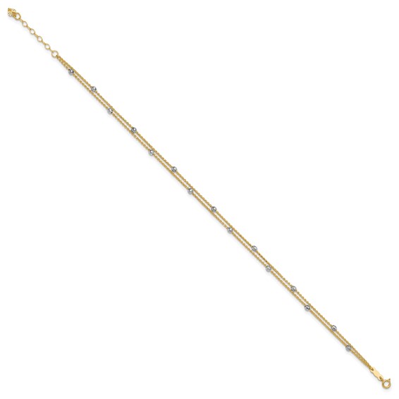 14K Two-tone 2-Strand Chain with Mirror Beads 9 inch Plus 1 inch Extender - Total 10 inch Anklet