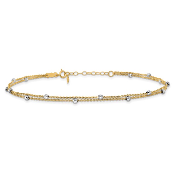 14K Two-tone 2-Strand Chain with Mirror Beads 9 inch Plus 1 inch Extender - Total 10 inch Anklet