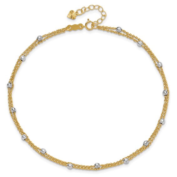 14K Two-tone 2-Strand Chain with Mirror Beads 9 inch Plus 1 inch Extender - Total 10 inch Anklet